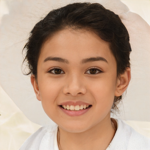 Joyful white child female with medium  brown hair and brown eyes