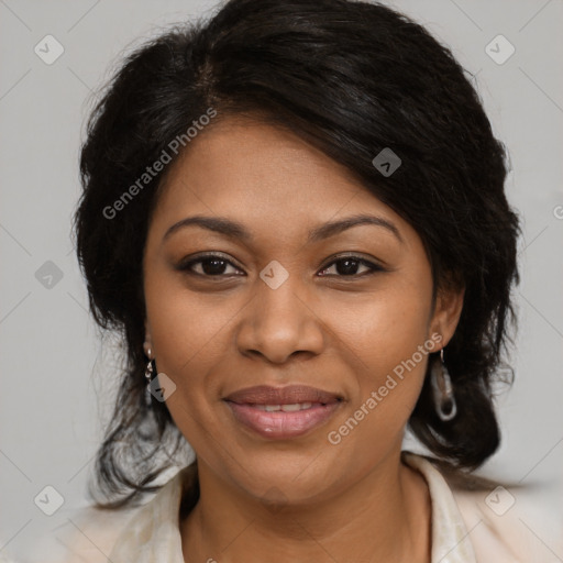 Joyful black young-adult female with medium  brown hair and brown eyes