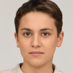 Neutral white young-adult female with short  brown hair and brown eyes