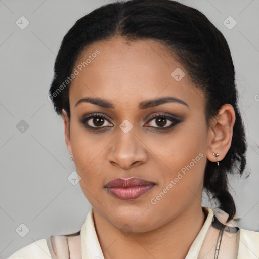 Joyful latino young-adult female with long  brown hair and brown eyes