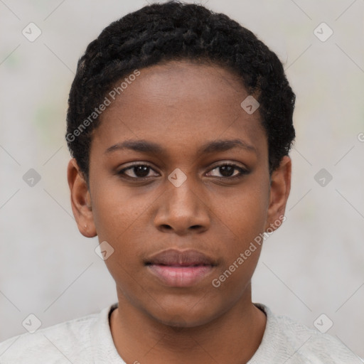 Neutral black young-adult female with short  black hair and brown eyes