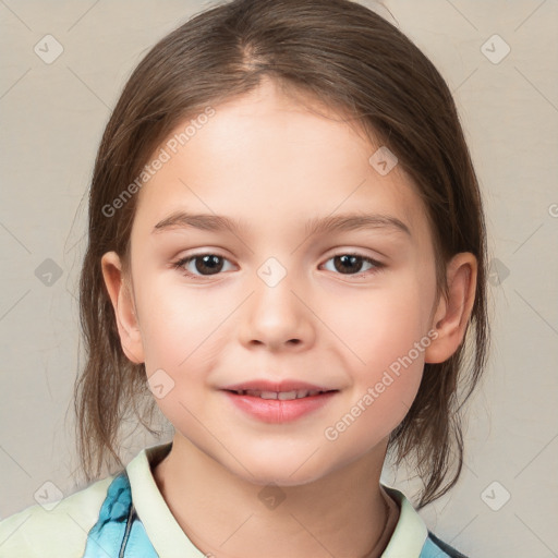 Joyful white child female with medium  brown hair and brown eyes