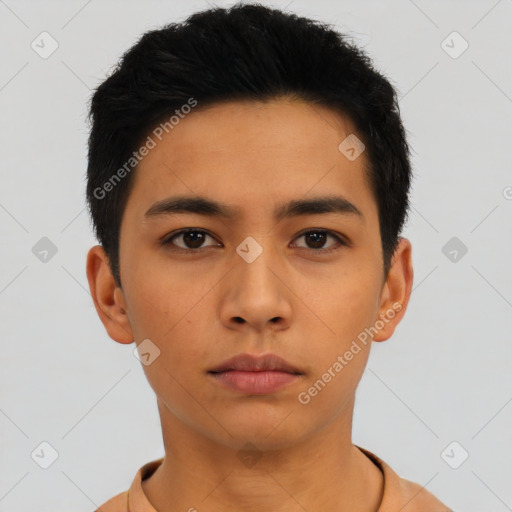 Neutral asian young-adult male with short  black hair and brown eyes