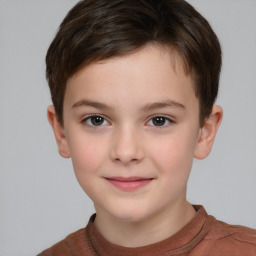 Joyful white child female with short  brown hair and brown eyes