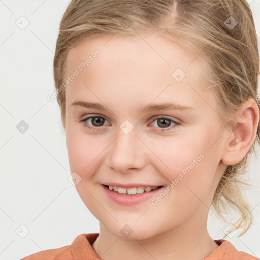 Joyful white child female with medium  brown hair and brown eyes