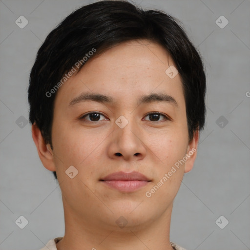 Joyful asian young-adult female with short  brown hair and brown eyes