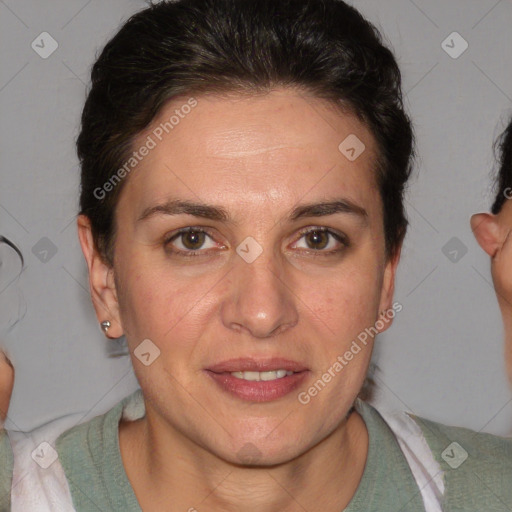 Joyful white adult female with short  brown hair and brown eyes