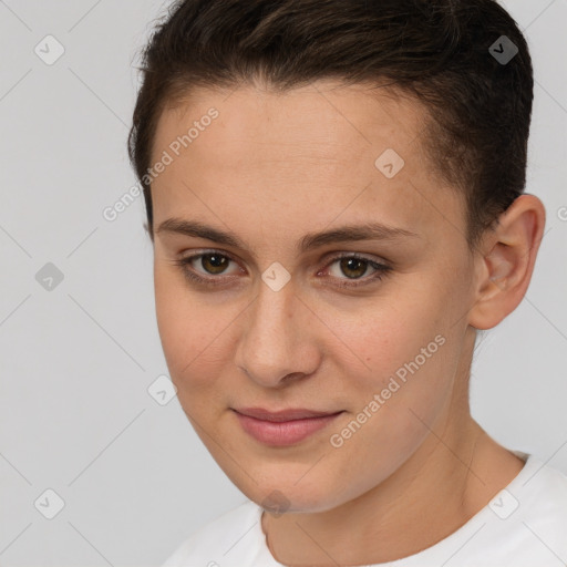 Joyful white young-adult female with short  brown hair and brown eyes