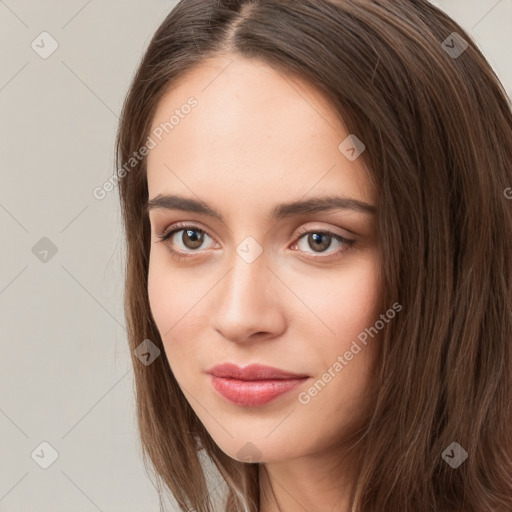 Neutral white young-adult female with long  brown hair and brown eyes