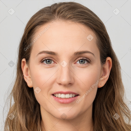 Joyful white young-adult female with long  brown hair and grey eyes