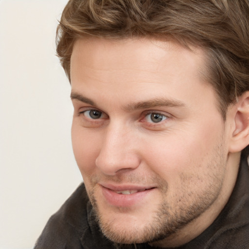 Neutral white young-adult male with short  brown hair and grey eyes