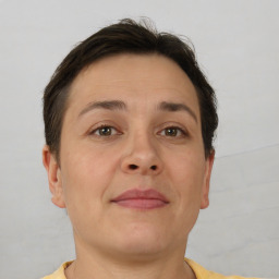 Neutral white adult female with short  brown hair and brown eyes