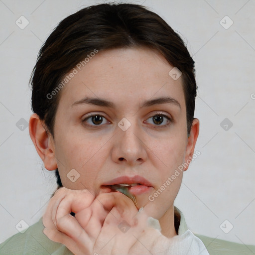 Neutral white young-adult female with short  brown hair and brown eyes