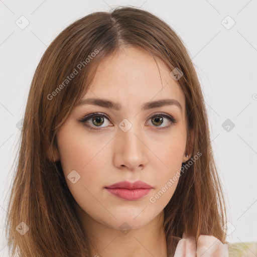 Neutral white young-adult female with long  brown hair and brown eyes