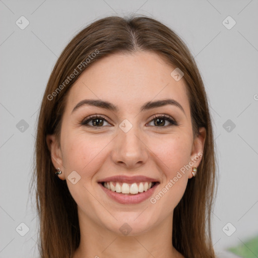 Joyful white young-adult female with long  brown hair and grey eyes