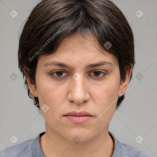 Neutral white young-adult female with medium  brown hair and brown eyes