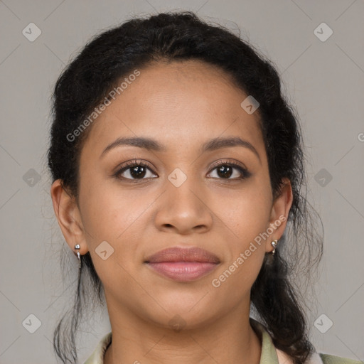 Joyful latino young-adult female with medium  brown hair and brown eyes