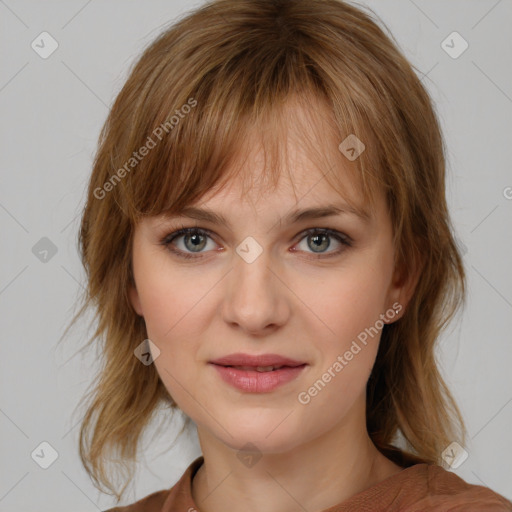 Neutral white young-adult female with medium  brown hair and blue eyes