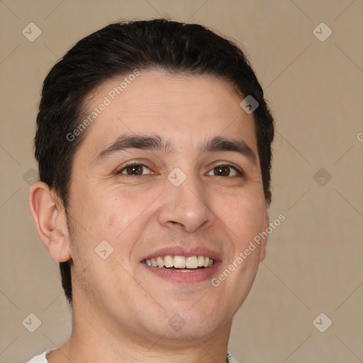 Joyful white adult male with short  brown hair and brown eyes