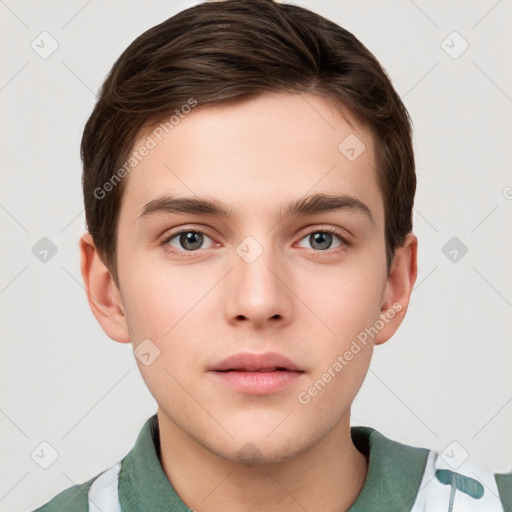 Neutral white young-adult male with short  brown hair and grey eyes