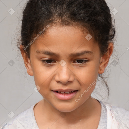 Joyful white child female with short  brown hair and brown eyes