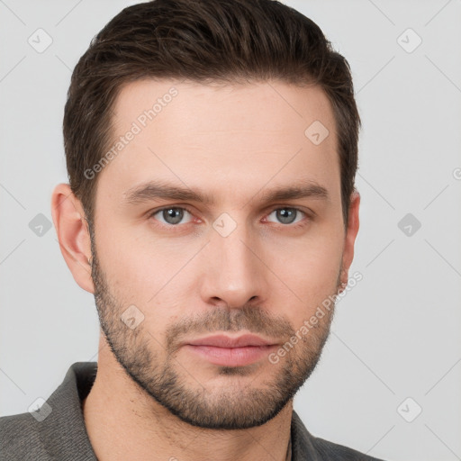 Neutral white young-adult male with short  brown hair and grey eyes