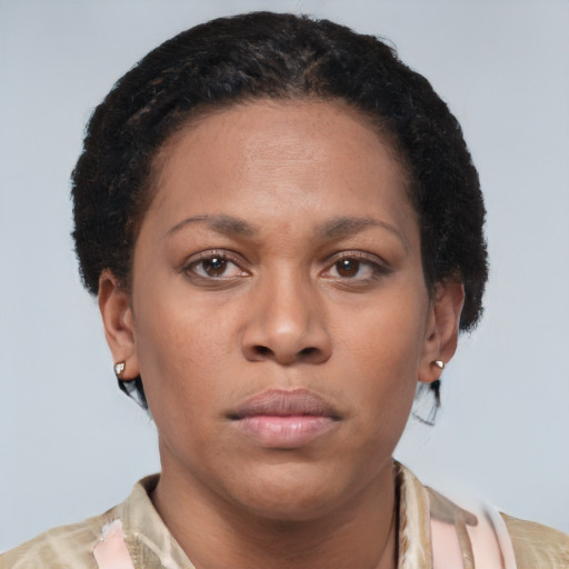 Neutral white young-adult female with short  brown hair and brown eyes