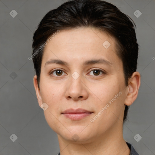 Joyful white young-adult female with short  brown hair and brown eyes