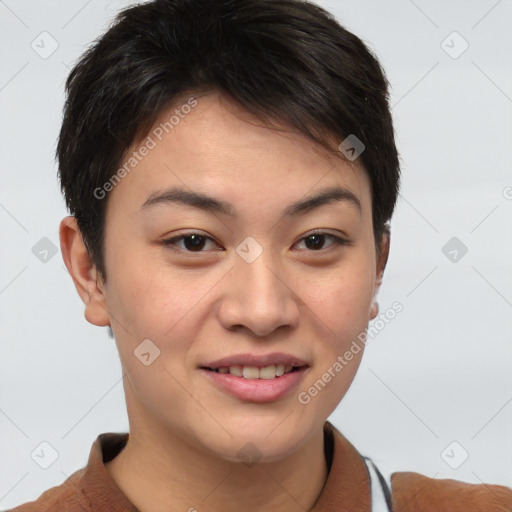 Joyful white young-adult female with short  brown hair and brown eyes