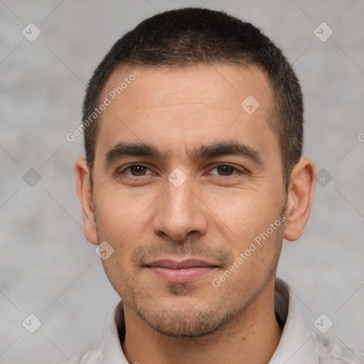 Joyful white young-adult male with short  brown hair and brown eyes