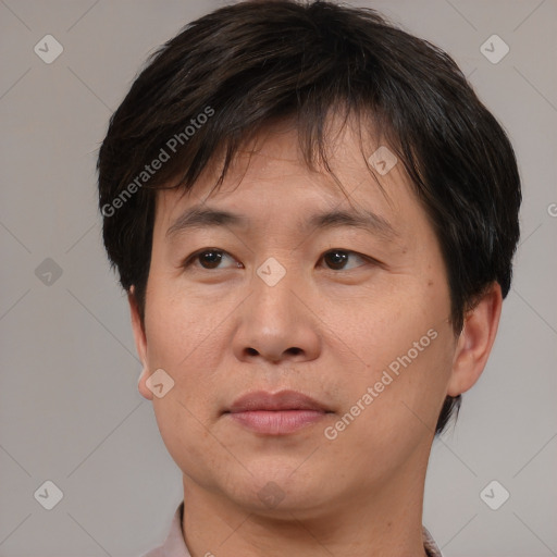 Neutral asian adult male with short  brown hair and brown eyes