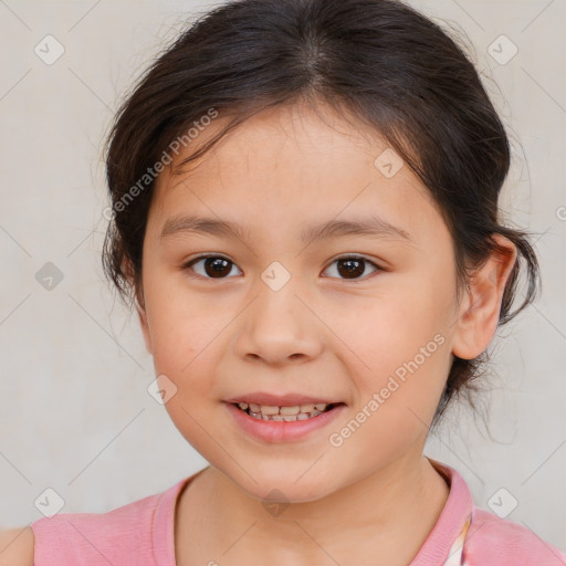 Joyful white child female with medium  brown hair and brown eyes