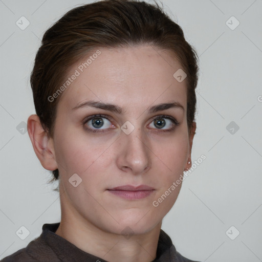 Neutral white young-adult female with short  brown hair and brown eyes