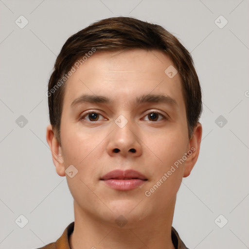 Neutral white young-adult male with short  brown hair and brown eyes