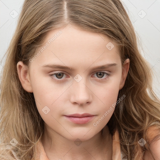 Neutral white young-adult female with long  brown hair and grey eyes