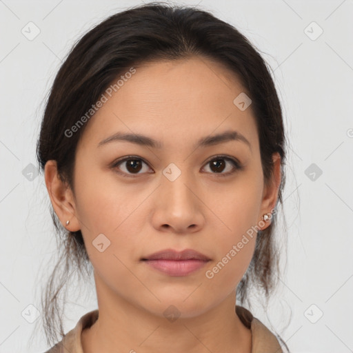 Neutral asian young-adult female with medium  brown hair and brown eyes