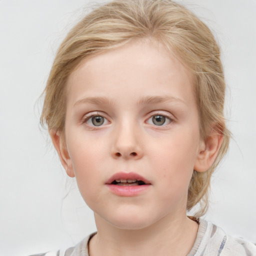 Neutral white child female with medium  brown hair and blue eyes