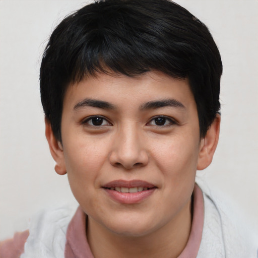 Joyful asian young-adult female with short  black hair and brown eyes