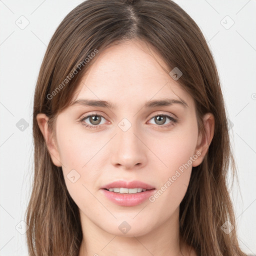 Neutral white young-adult female with long  brown hair and grey eyes