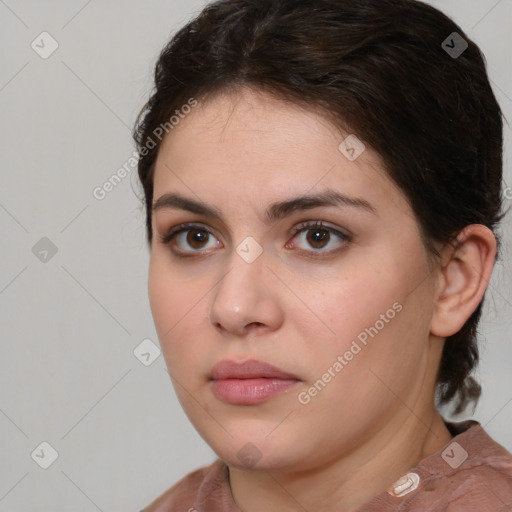 Neutral white young-adult female with medium  brown hair and brown eyes