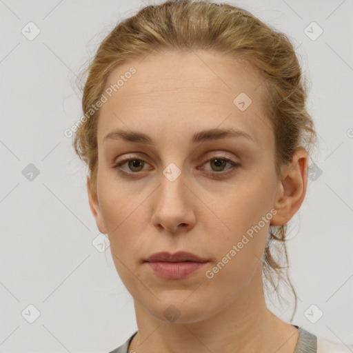 Neutral white young-adult female with medium  brown hair and grey eyes