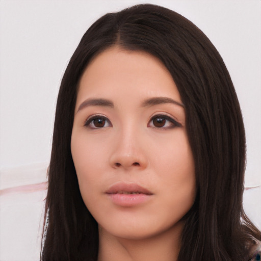 Neutral asian young-adult female with long  black hair and brown eyes