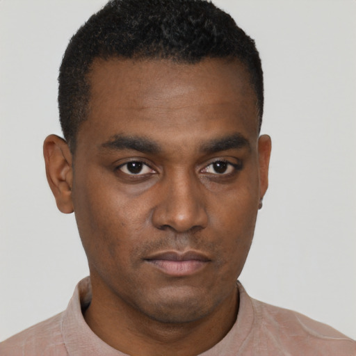 Neutral black young-adult male with short  black hair and brown eyes