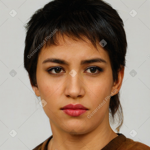 Neutral white young-adult female with short  brown hair and brown eyes