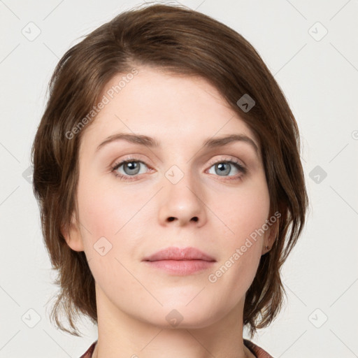 Neutral white young-adult female with medium  brown hair and grey eyes