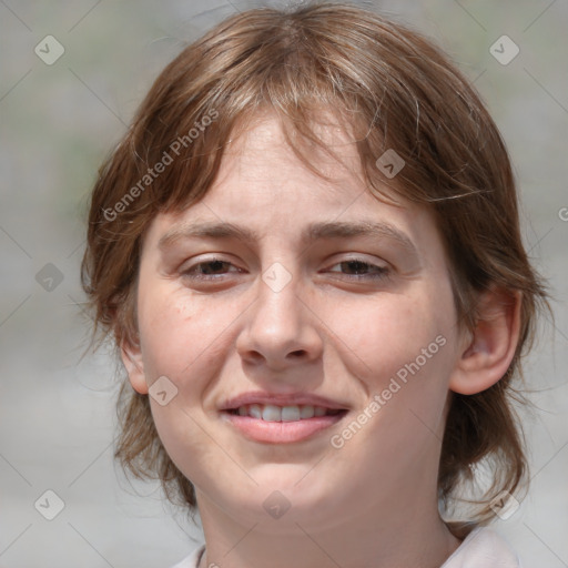 Joyful white young-adult female with medium  brown hair and blue eyes