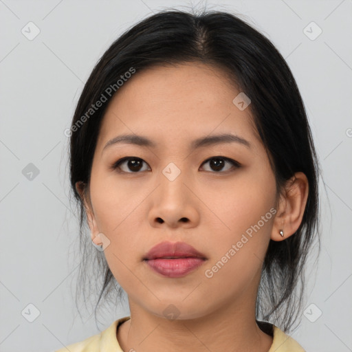 Neutral asian young-adult female with medium  black hair and brown eyes