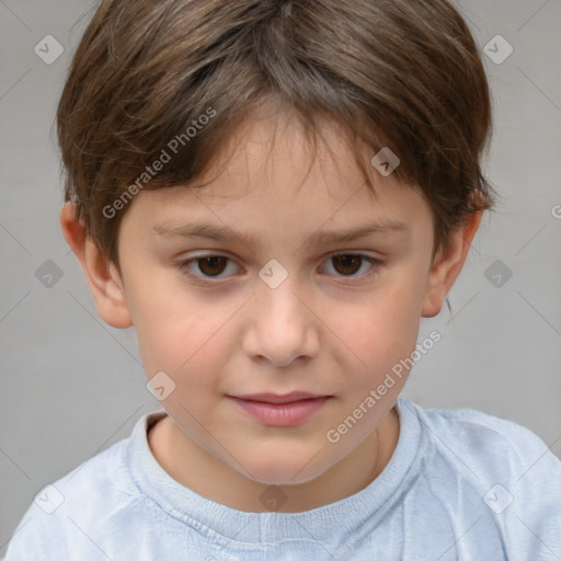 Joyful white child female with short  brown hair and brown eyes