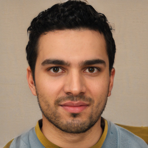 Neutral white young-adult male with short  black hair and brown eyes