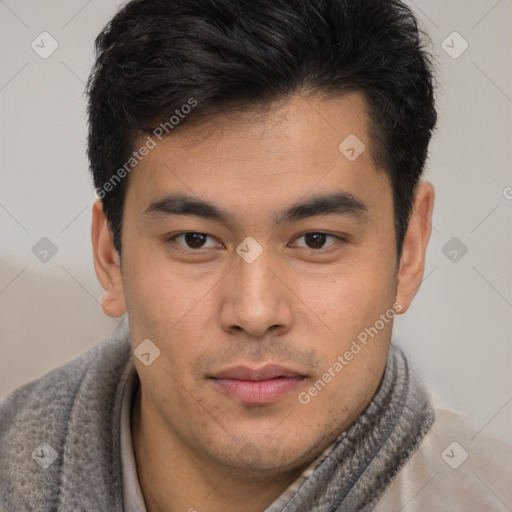 Neutral asian young-adult male with short  brown hair and brown eyes